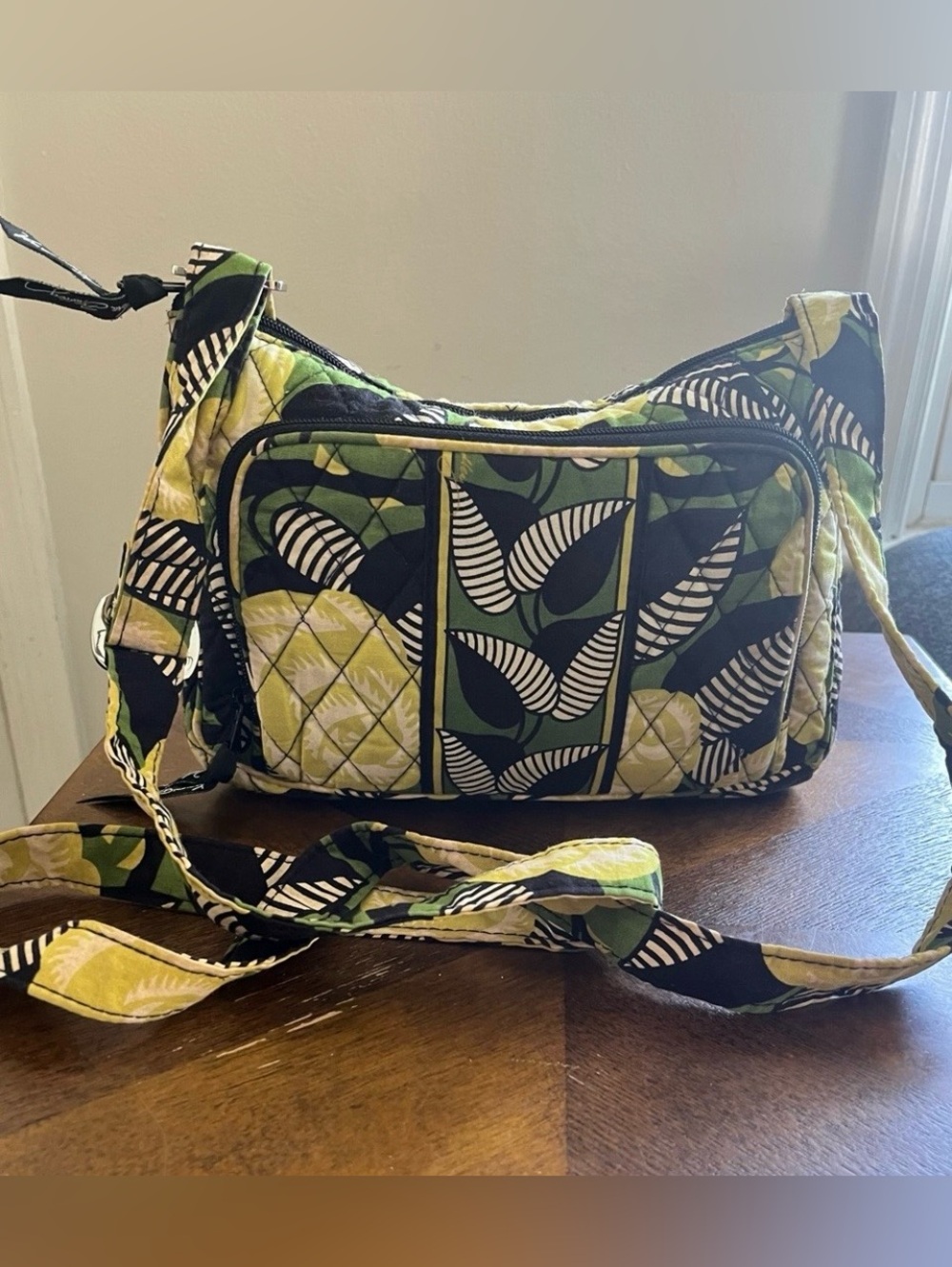 Vera Bradley Quilted Crossbody Bag in "La Neon Rose" Green & Black Leaf Print